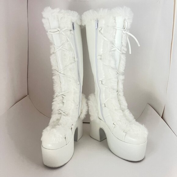 White Faux Fur Goth Platform Knee High Boots With Zippers Size 41 - Picture 13 of 16